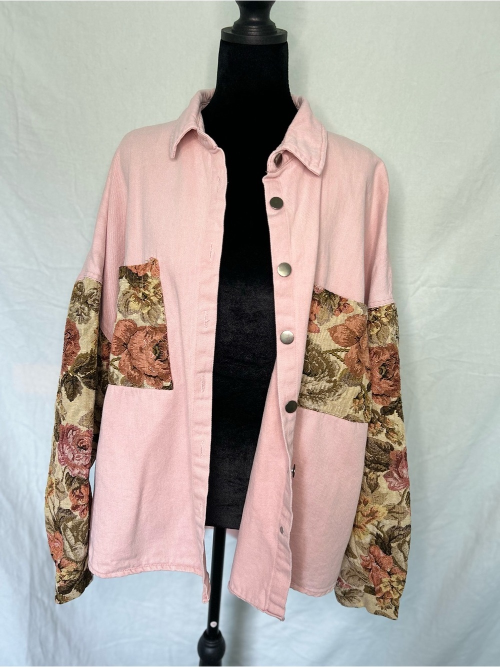 POL Pink Denim Floral Tapestry Patchwork Shacket Jacket Boho L Cottagecore